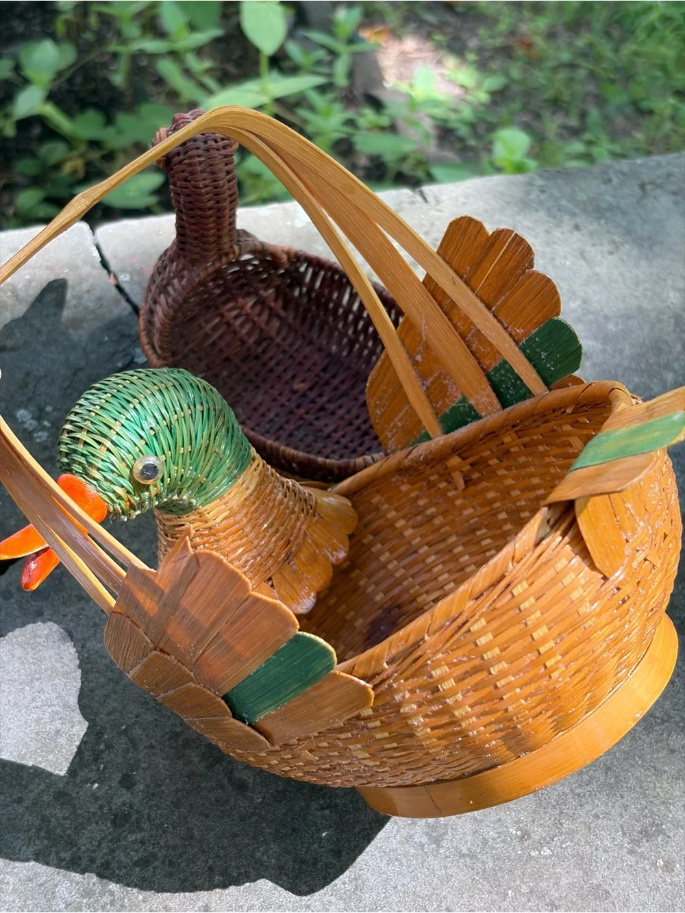 (2) Vtg Shanghai Handicrafts Hen Basket Wicker Rattan Farmhouse Rustic W/Handles